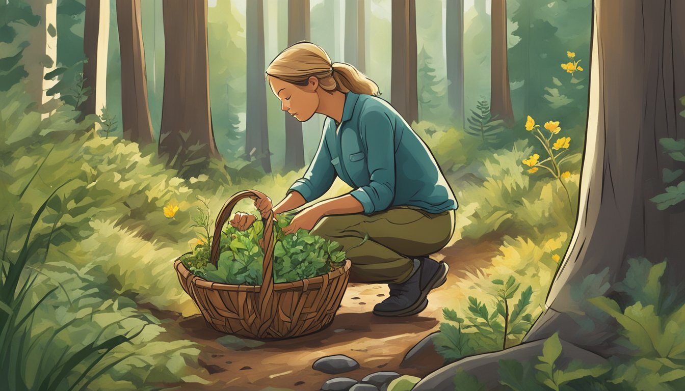 A figure harvests wild edible plants in an Oregon forest, carefully selecting and gathering them in a woven basket. The scene is peaceful and respectful of nature