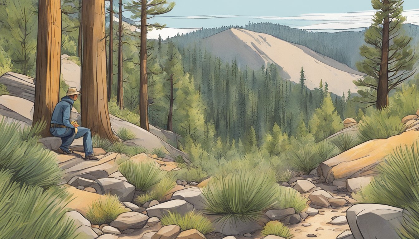 A person gathering wild edible plants in a Utah forest. Pine trees and rocky terrain in the background