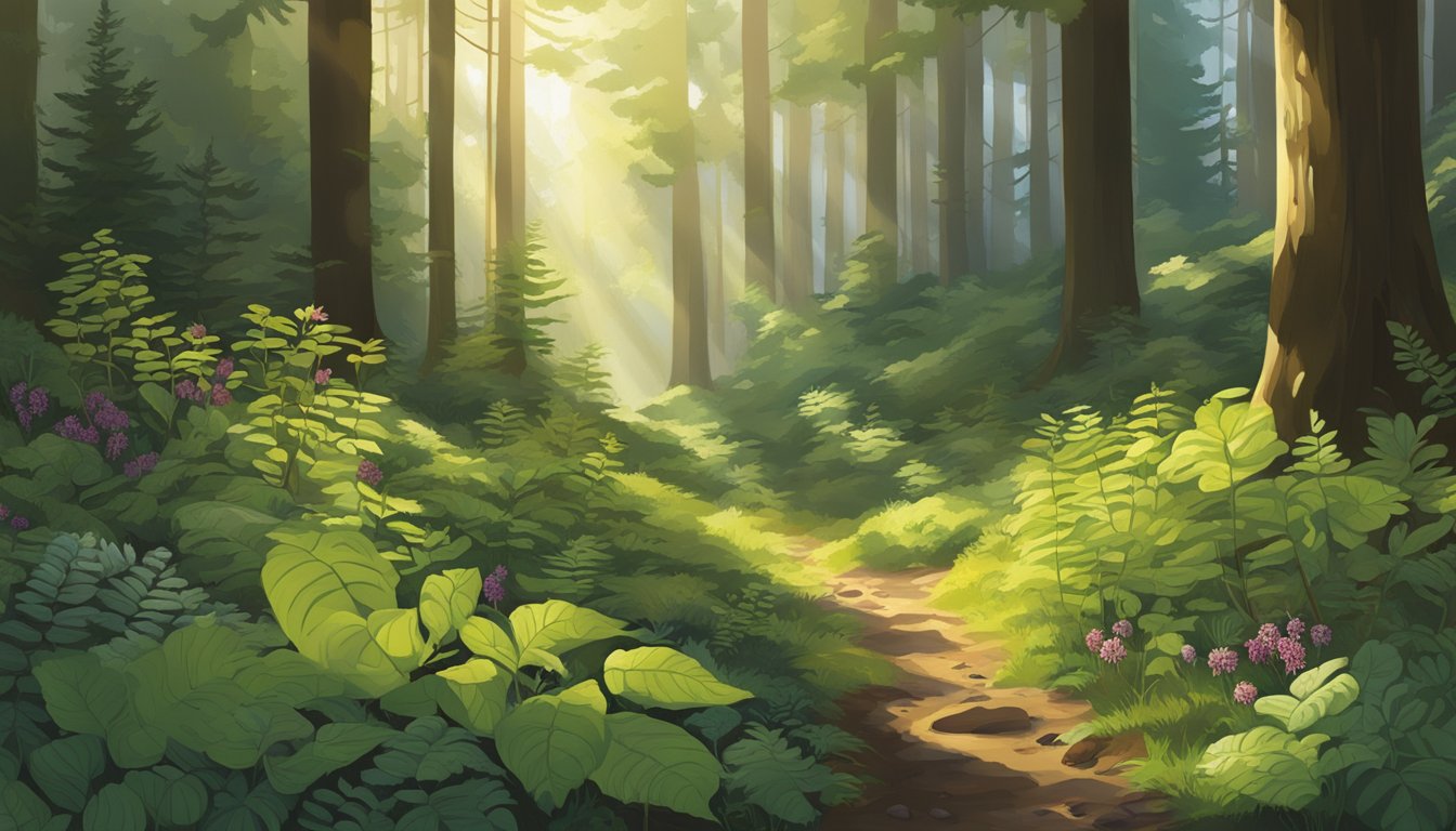 A lush forest floor with a variety of native edible plants like huckleberries, salmonberries, and fiddlehead ferns. Sunlight filters through the trees, casting dappled shadows on the earth