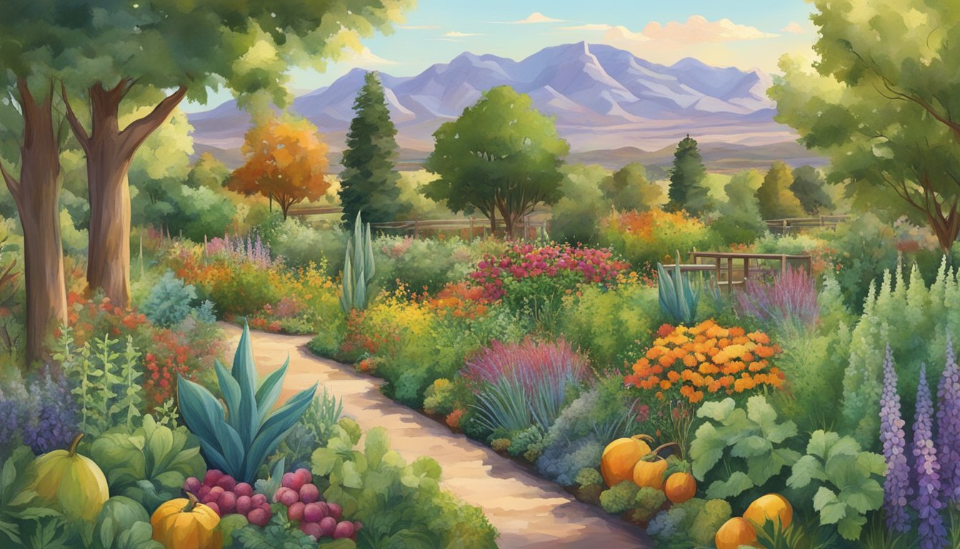 A lush garden of native edible plants thrives in the Utah landscape, with colorful fruits and vegetables ready for harvest