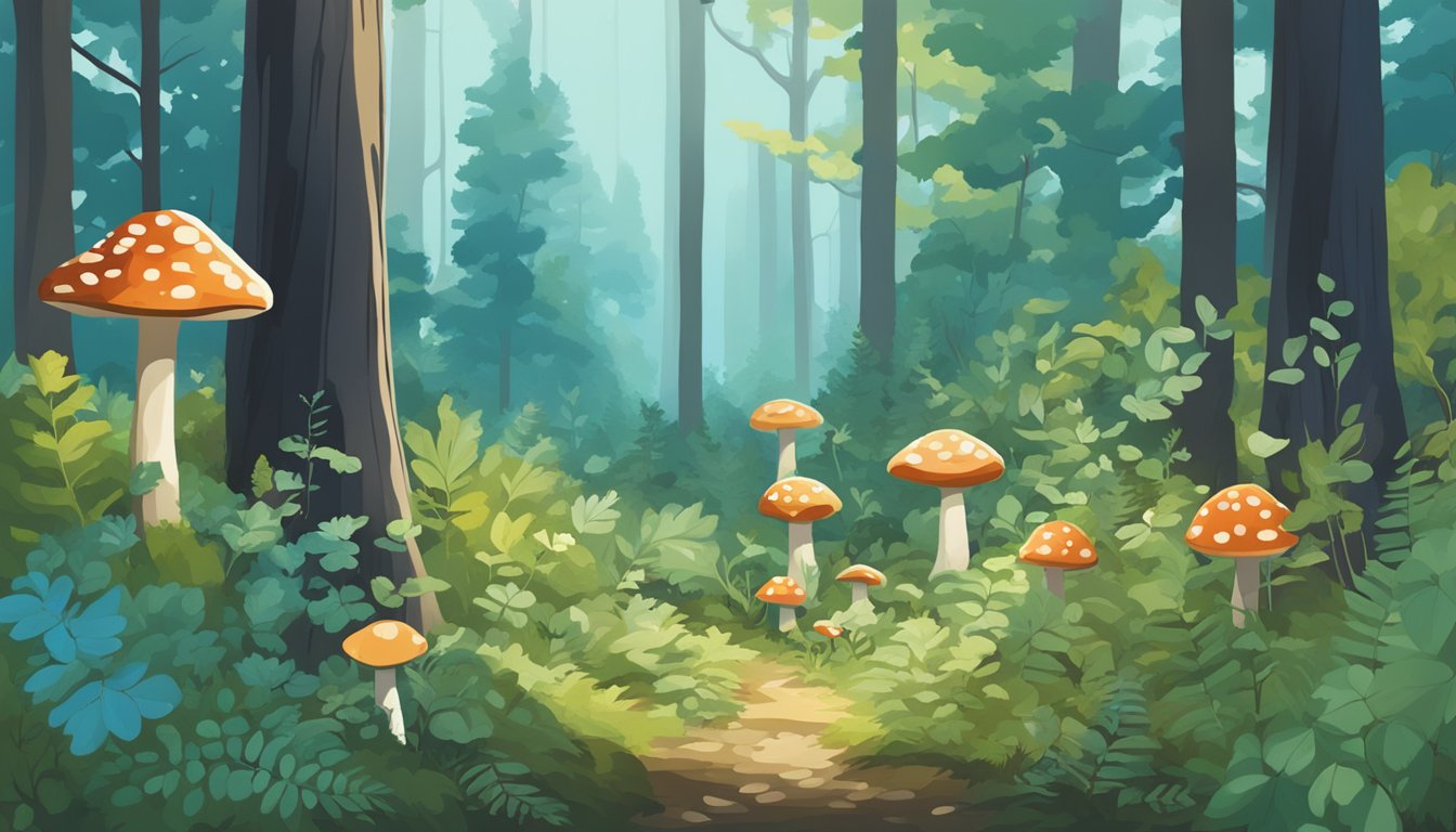 A forest floor with wild berries, mushrooms, and leafy greens, surrounded by tall trees and a clear blue sky