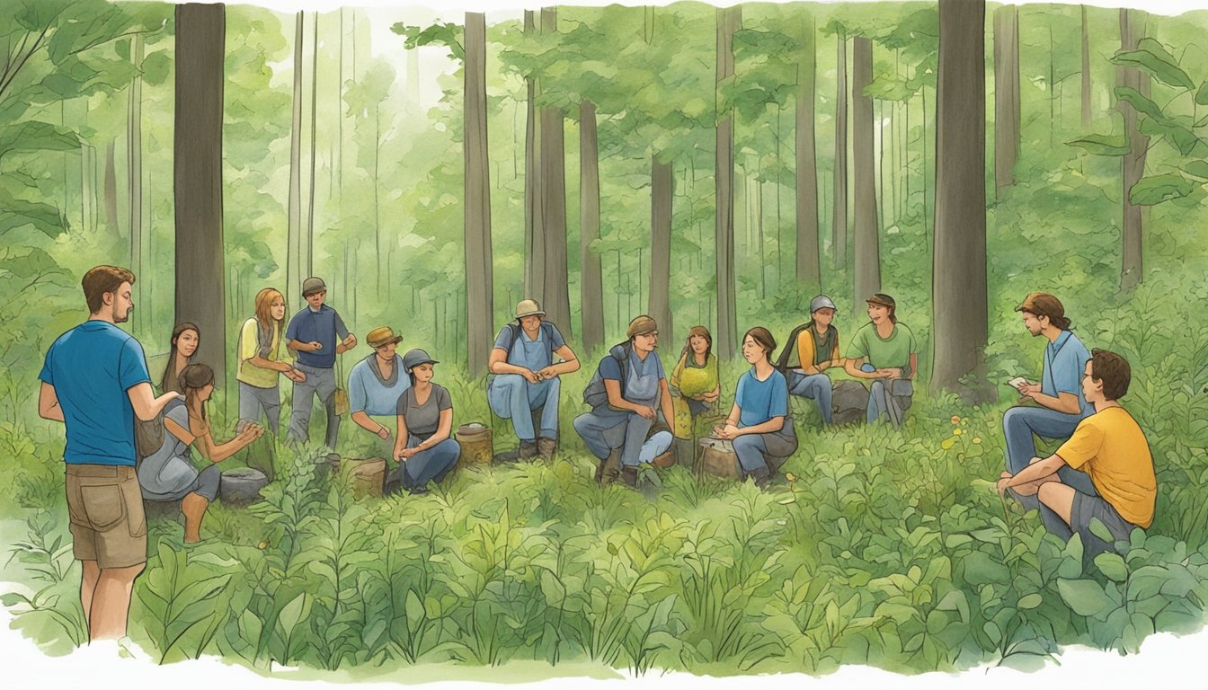 A group of people gathering and learning about native edible plants in a lush Pennsylvania forest clearing