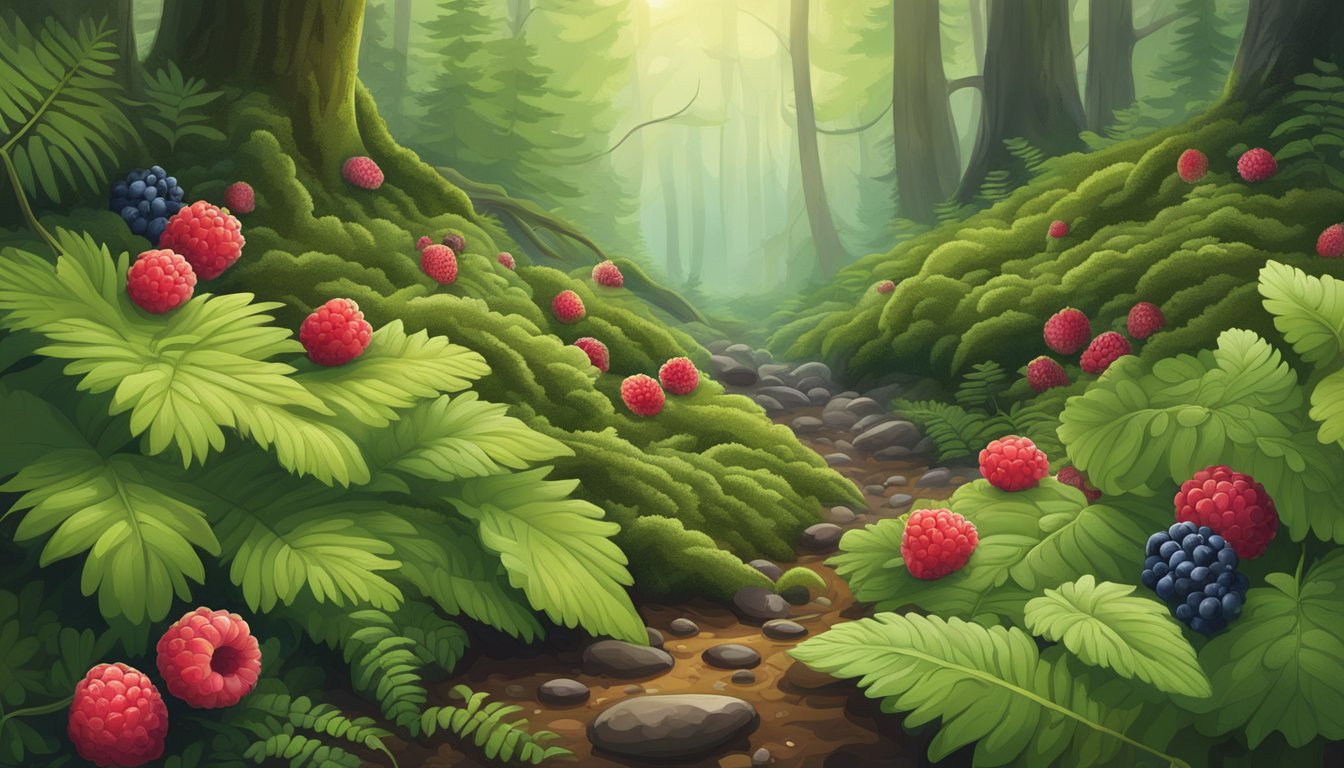 A lush forest floor with wild strawberries, blueberries, and raspberries growing among ferns and moss