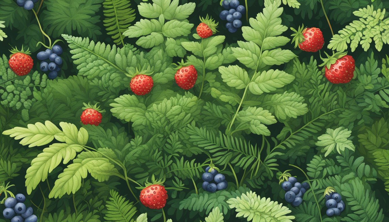 A lush forest with wild strawberries, blueberries, and ferns growing in the underbrush