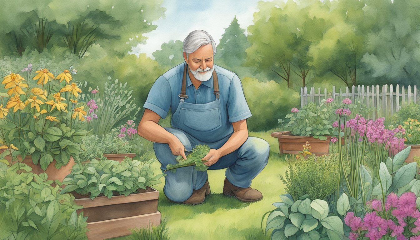 A gardener carefully tends to a variety of native edible plants in a Connecticut garden, ensuring their conservation and maintenance