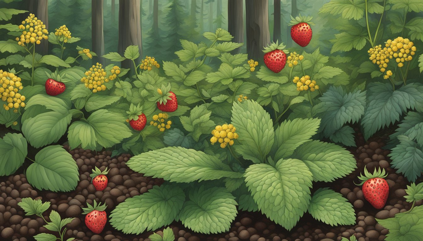 A lush forest floor in New York, featuring a variety of native edible and medicinal plants such as wild strawberries, blackberries, and goldenrod