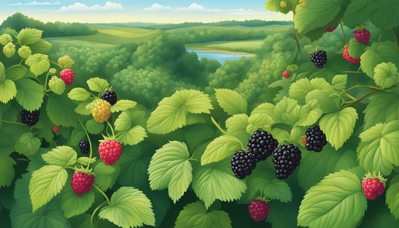 Lush green foliage with clusters of ripe blackberries and wild strawberries growing in the Kansas countryside