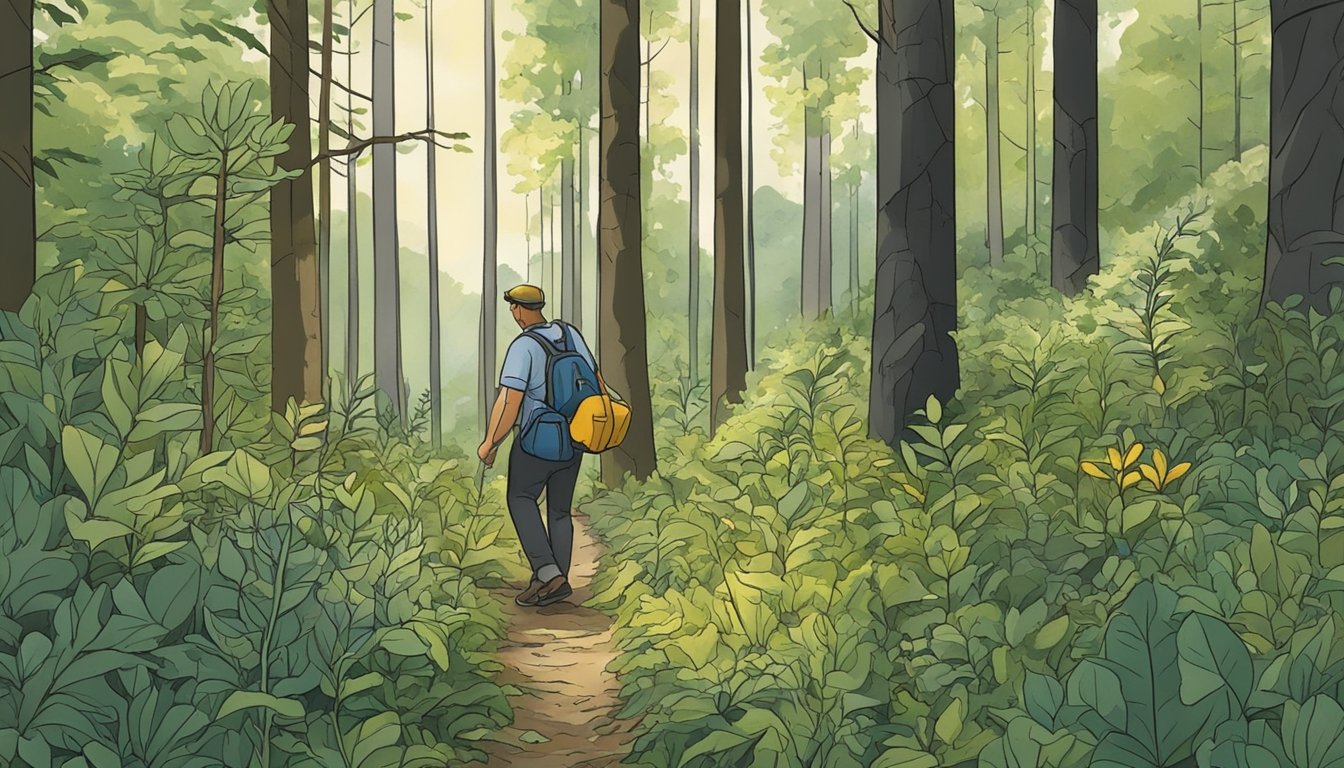 A person picking native edible plants in an Ohio forest, surrounded by trees and wild vegetation