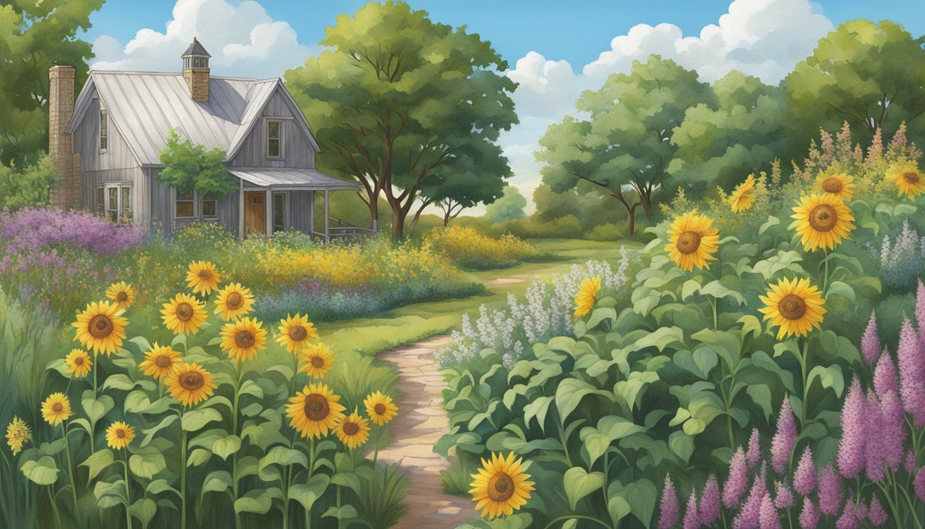 A lush Kansas landscape featuring native edible plants like sunflowers, prairie onions, and wild plums intermingled with traditional landscaping elements