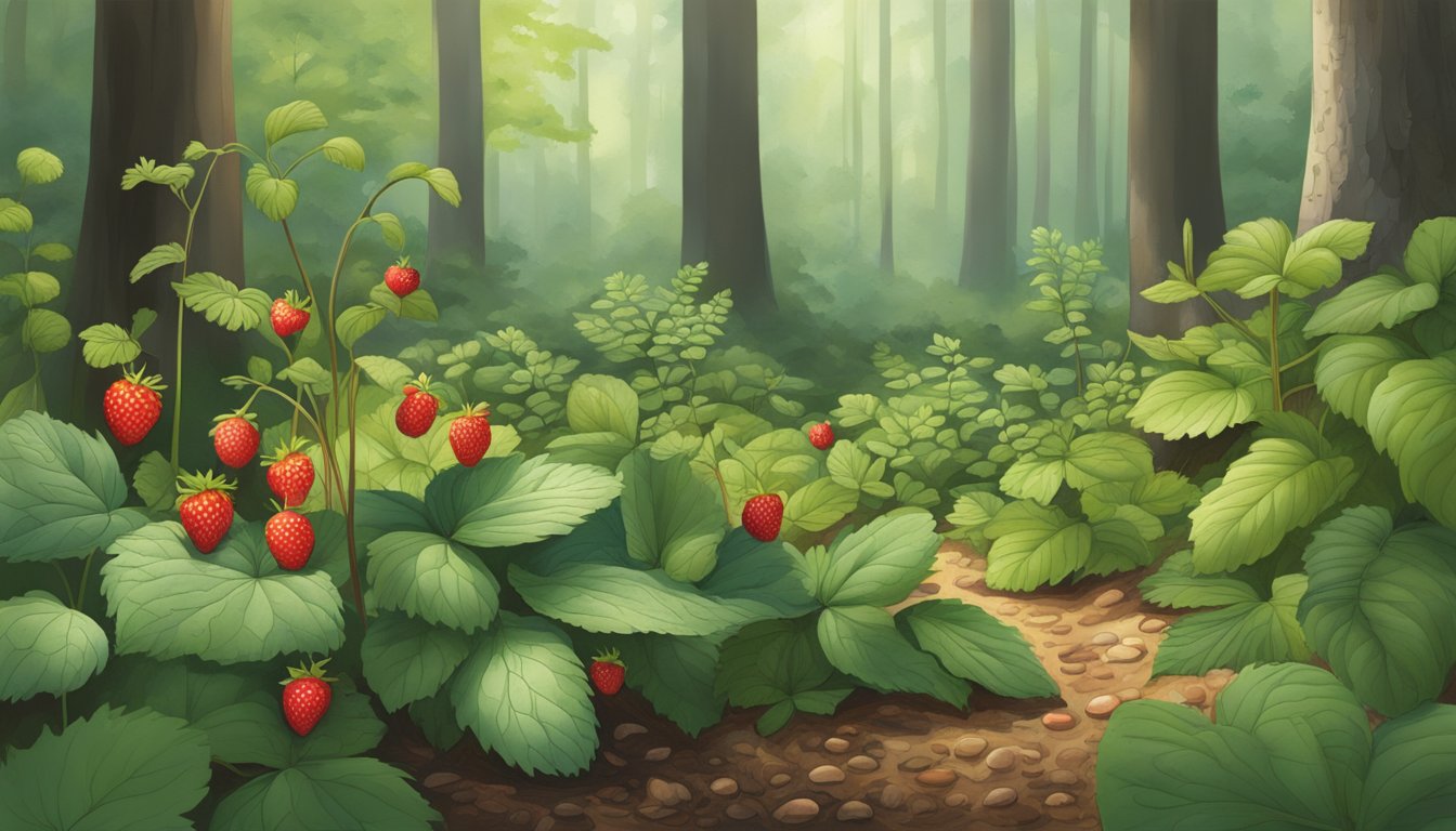 A woodland scene in New Jersey, with various native edible plants such as wild strawberries, ramps, and sassafras, growing amongst the forest floor