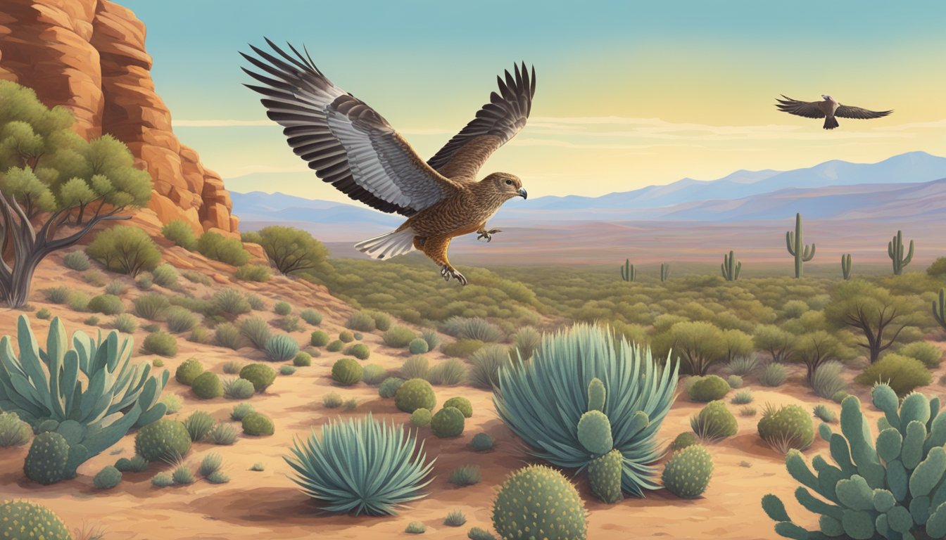 A desert landscape with prickly pear cacti, sagebrush, and juniper trees. A jackrabbit nibbles on native plants while a red-tailed hawk soars overhead