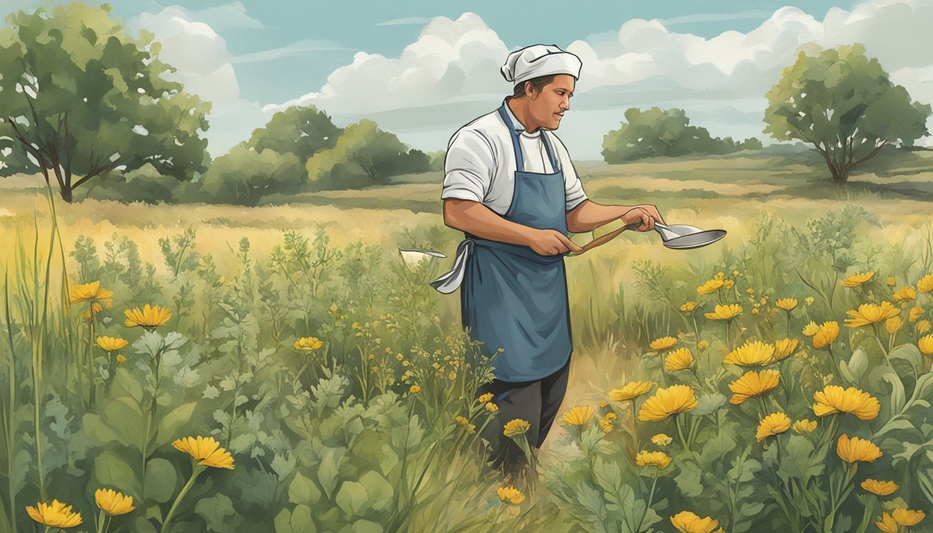 A chef gathering wild edible plants in a Nebraska prairie