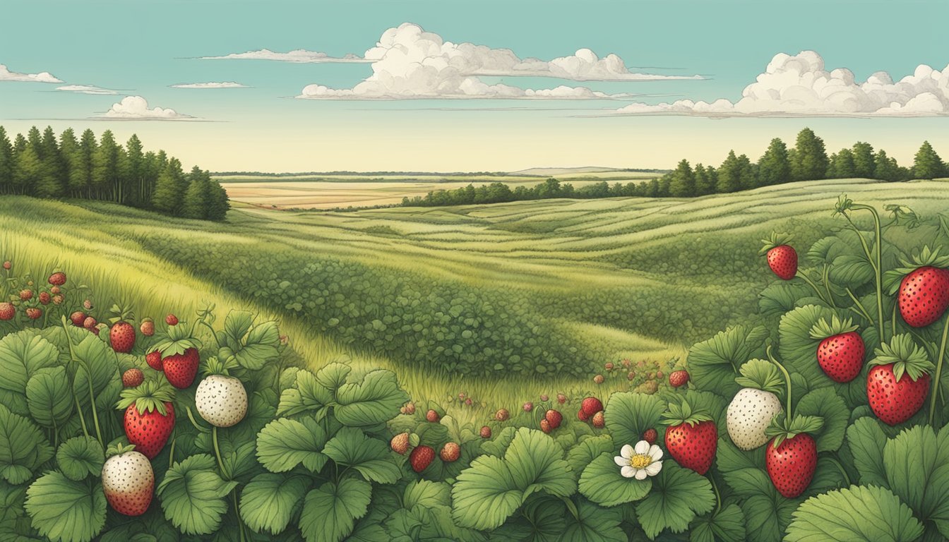 A lush prairie landscape with a variety of native edible plants such as wild strawberries, sunchokes, and prairie turnips ready for harvesting in Nebraska