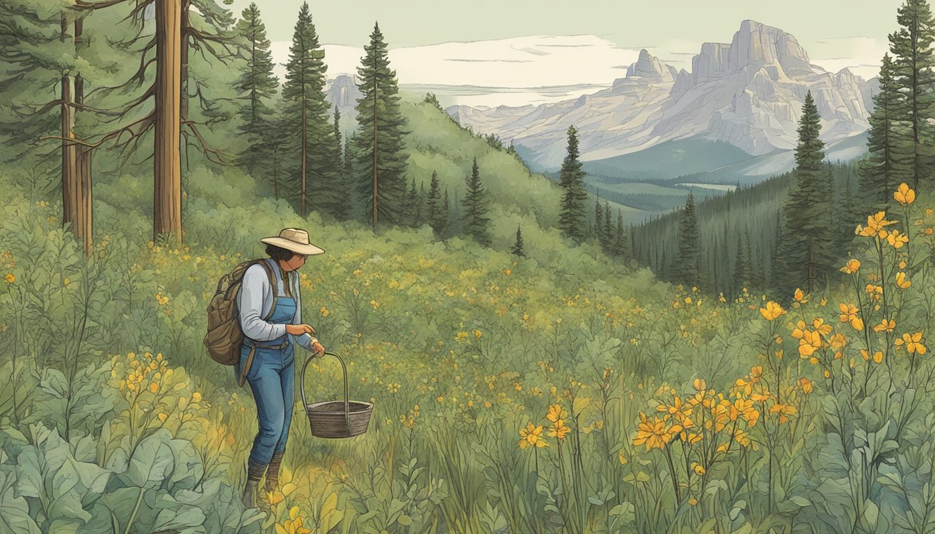 A person forages for native edible plants in a lush Wyoming forest, carefully selecting only sustainable and ethical options