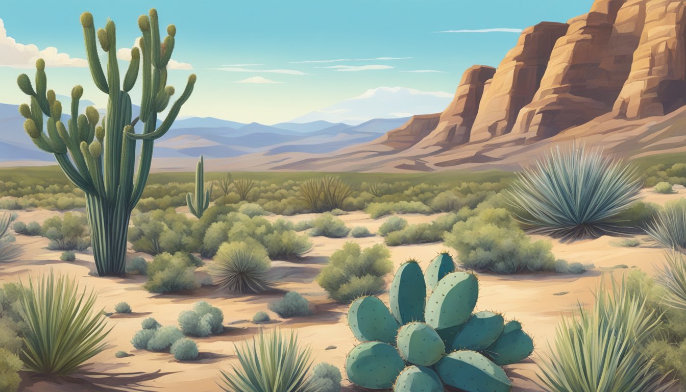 A desert landscape with prickly pear cacti, sagebrush, and yucca plants. A juniper tree stands in the background, with a clear blue sky overhead