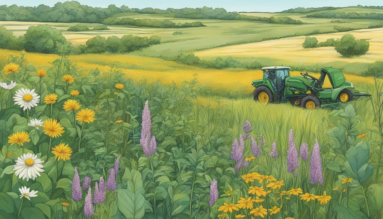 A lush Nebraska prairie with diverse native edible plants being carefully harvested for sustainable foraging