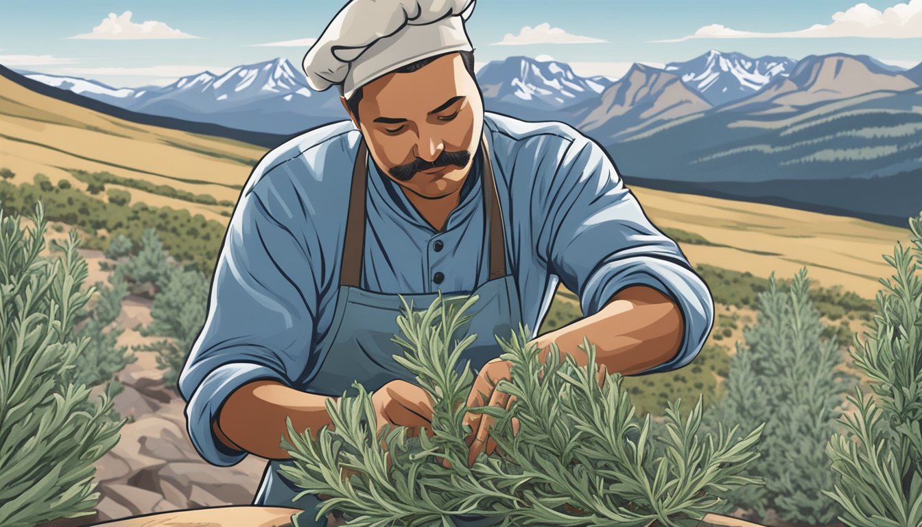 A chef gathers wild sage and juniper berries in the Wyoming mountains for use in culinary creations