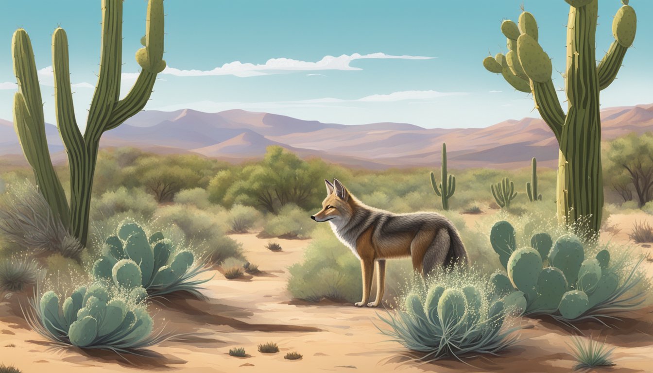 A desert landscape with prickly pear cacti, sagebrush, and piñon pines. A coyote sniffs at the ground near a patch of wild onions