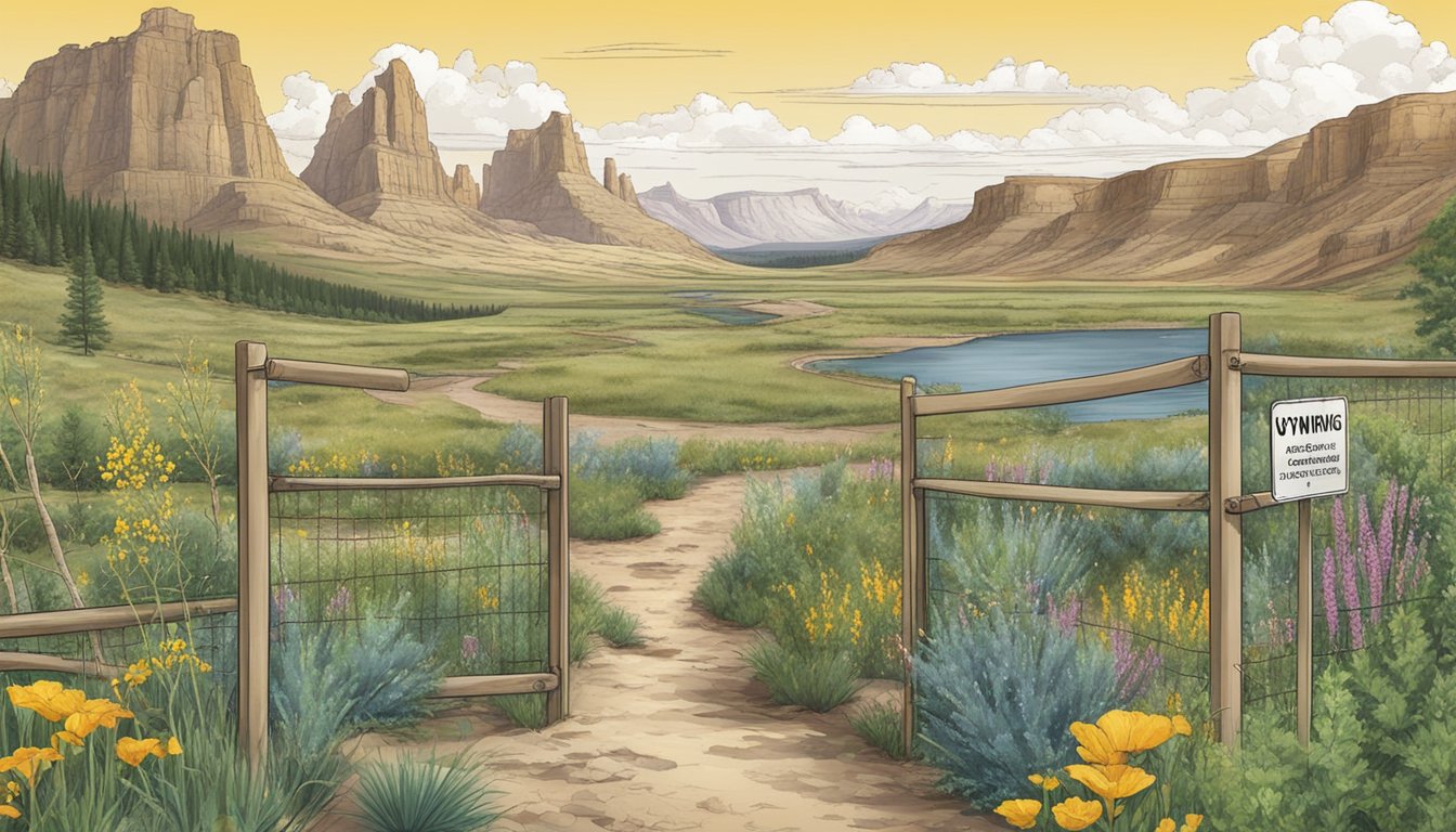 A serene Wyoming landscape with various native edible plants, surrounded by safety barriers and caution signs