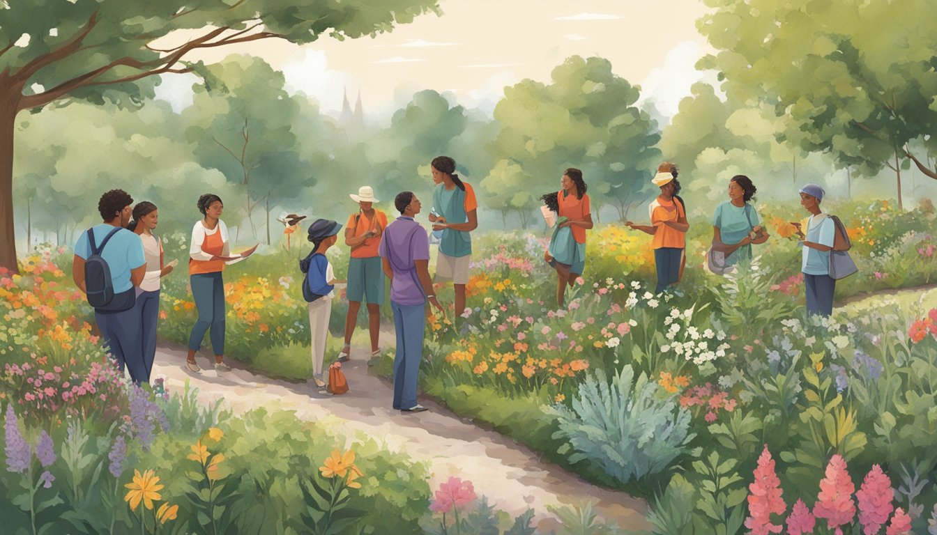 A group of people gather in a park, pointing at various plants while a guide discusses their uses. Wildflowers and shrubs surround them