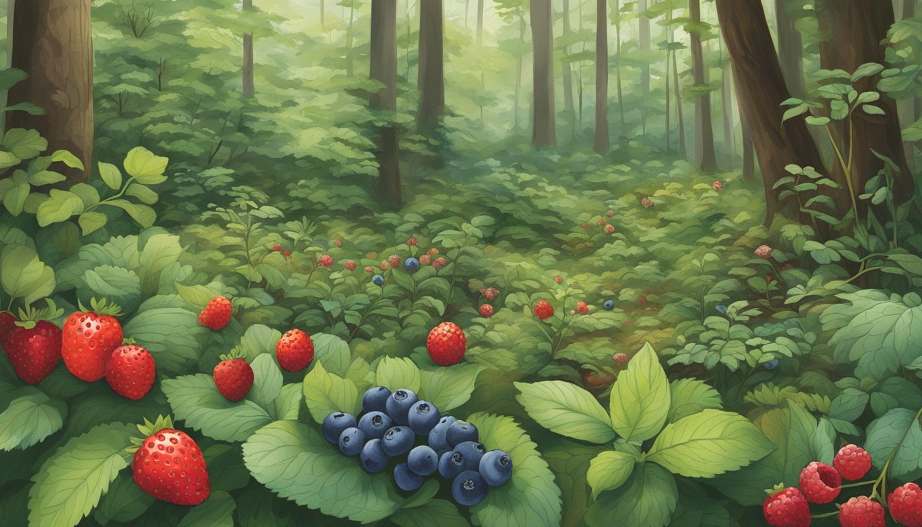 A lush forest floor in Rhode Island, with various native edible plants such as blueberries, cranberries, and wild strawberries scattered among the foliage