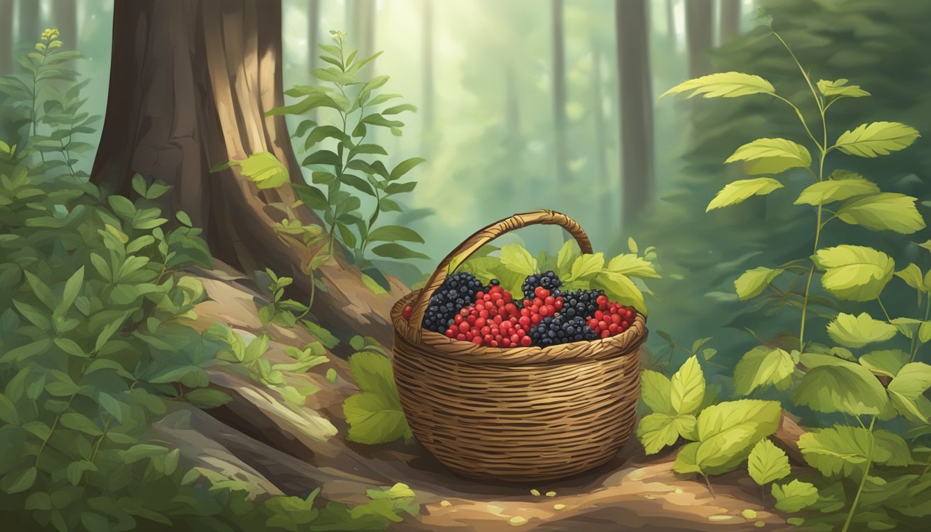 Gathering wild berries and herbs in the Tennessee forest, with a woven basket and a knife for preparation