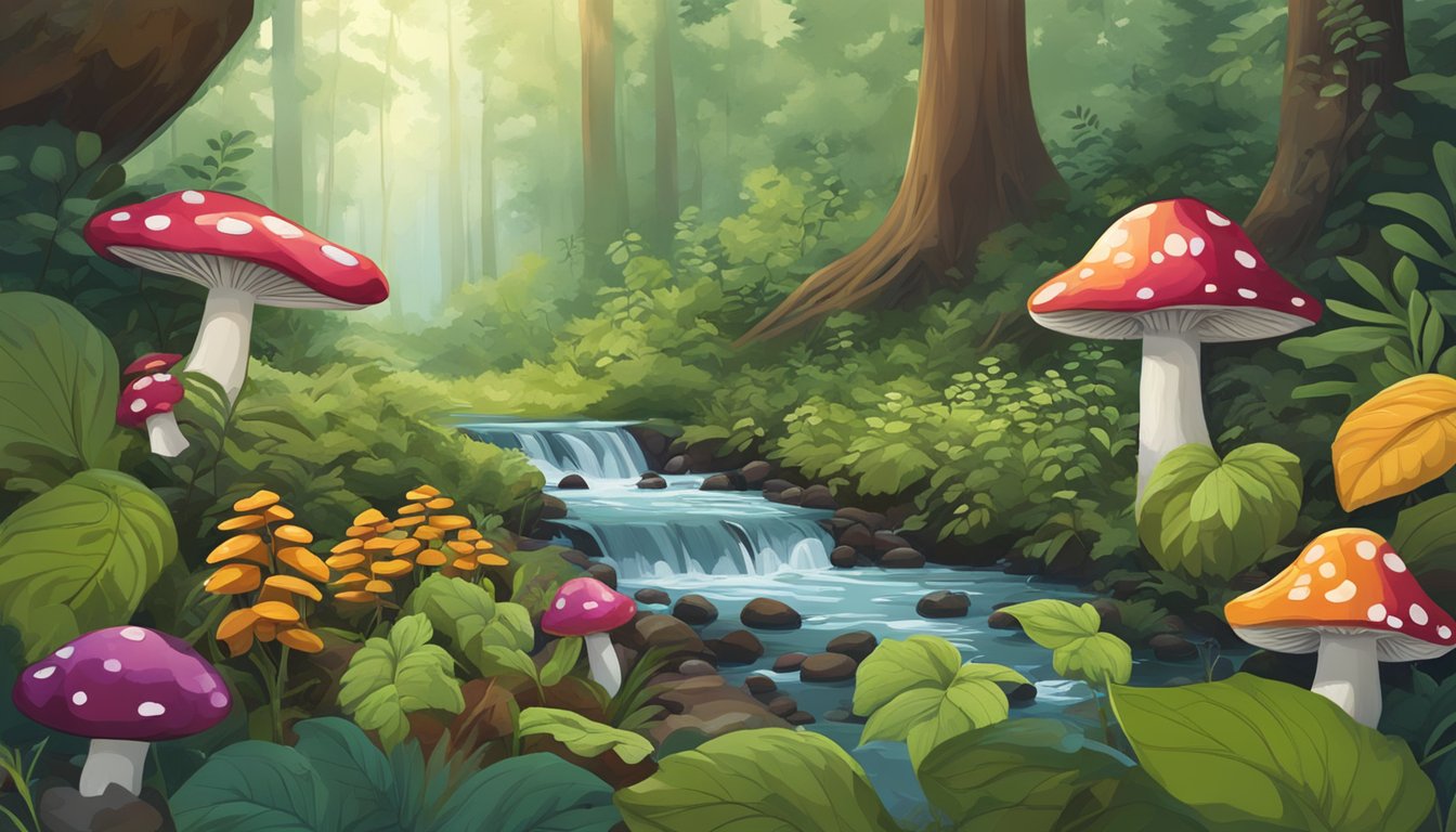 A lush forest floor with wild berries, mushrooms, and herbs scattered among the underbrush, with a babbling stream in the background