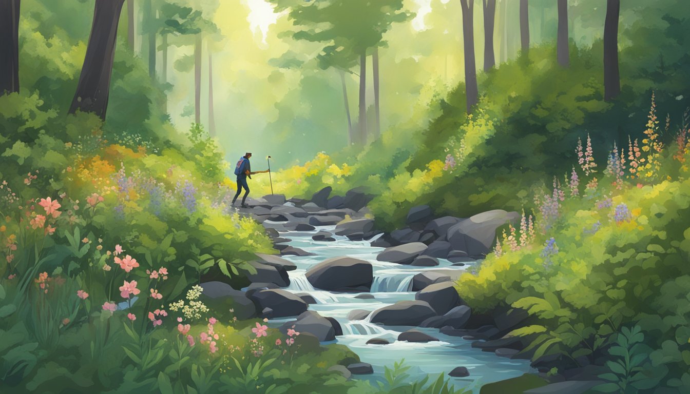 A figure gathers wild berries and herbs in a lush Georgia forest. Wildflowers bloom nearby, and a small stream trickles through the background