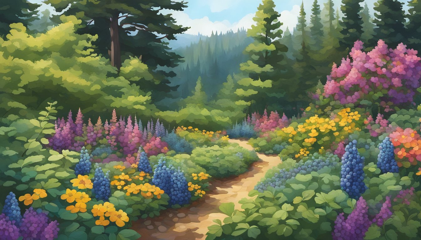 A lush garden filled with indigenous plants like blueberries, blackberries, and muscadine grapes, surrounded by tall pine trees and vibrant wildflowers