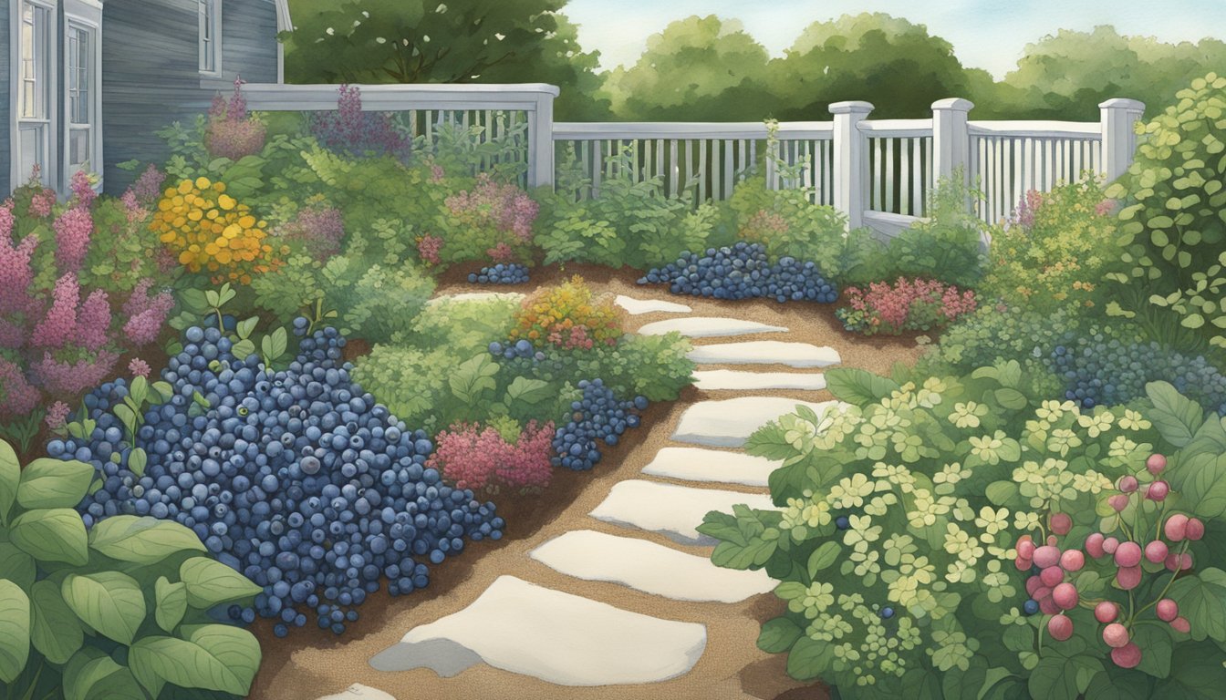 A lush garden filled with native edible plants, such as blueberries, cranberries, and beach plums, thriving in the Rhode Island landscape