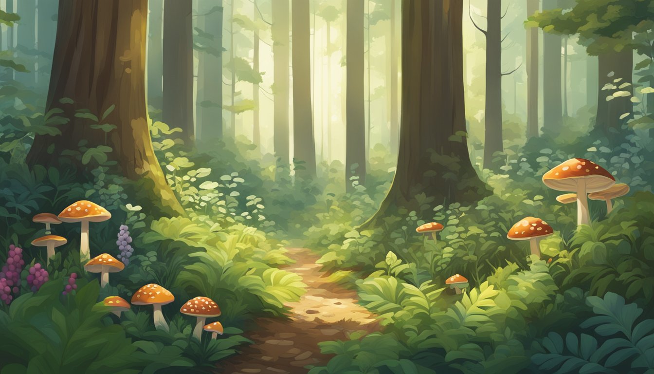 A lush forest floor with wild berries, mushrooms, and herbs growing among the underbrush, surrounded by towering trees and dappled sunlight