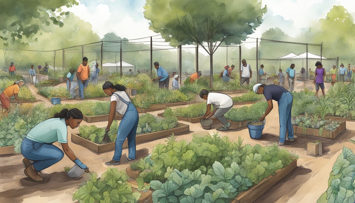 A group of people planting and tending to native edible plants in a community garden in Georgia