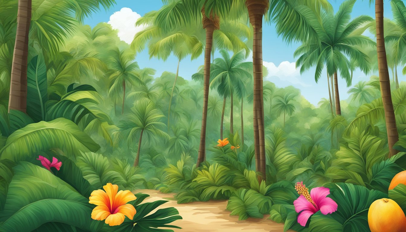 Lush tropical forest with mango, papaya, and plantain trees, surrounded by vibrant hibiscus flowers and towering coconut palms