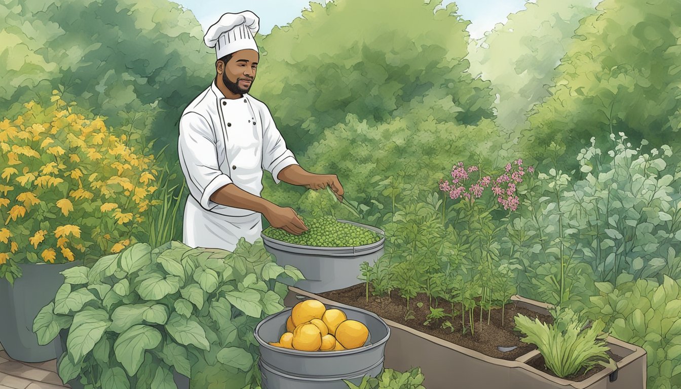 A chef harvesting and cooking native edible plants in a lush garden in the District of Columbia