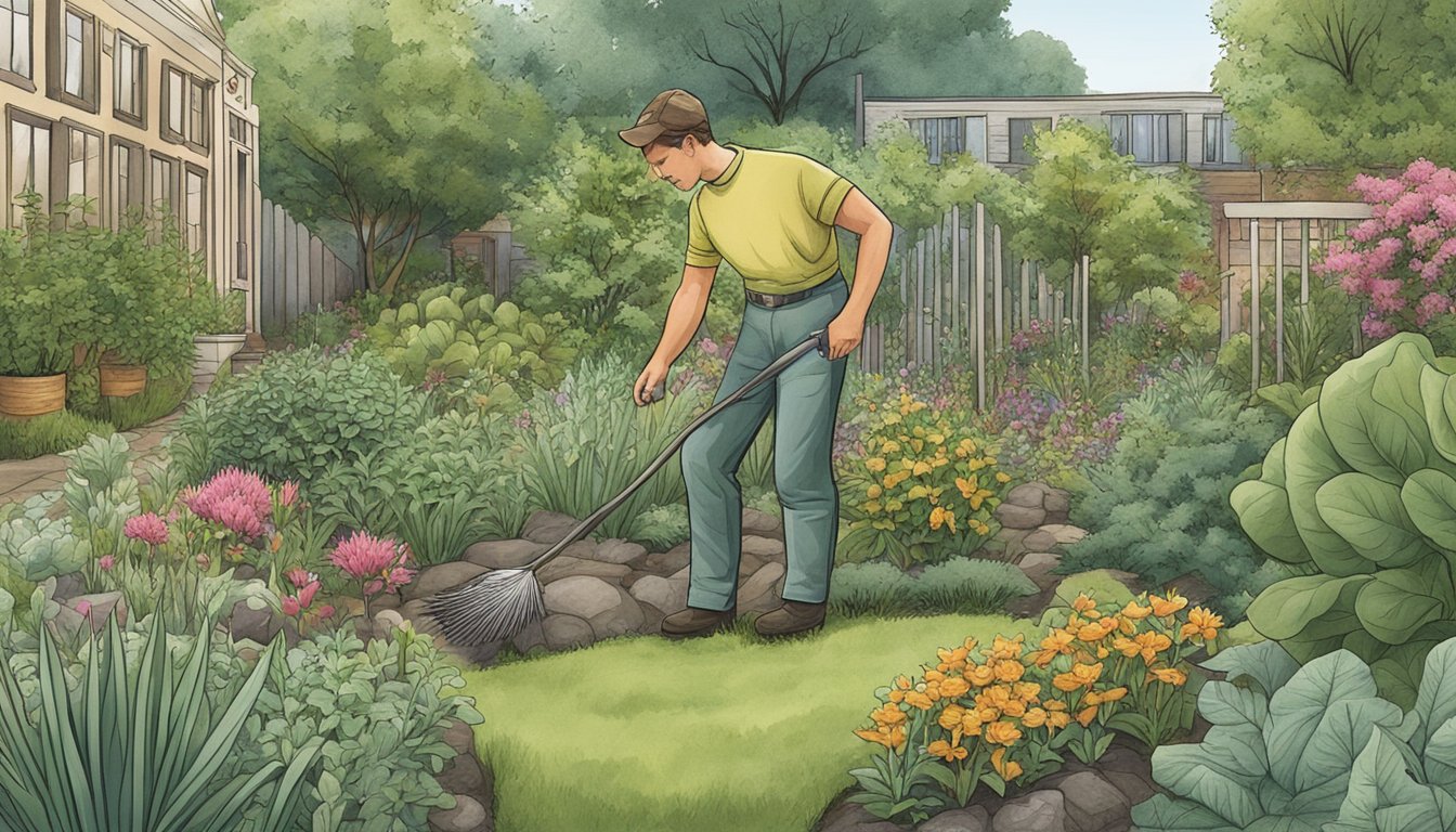 A gardener carefully tending to a variety of native edible plants in a lush garden setting in the District of Columbia