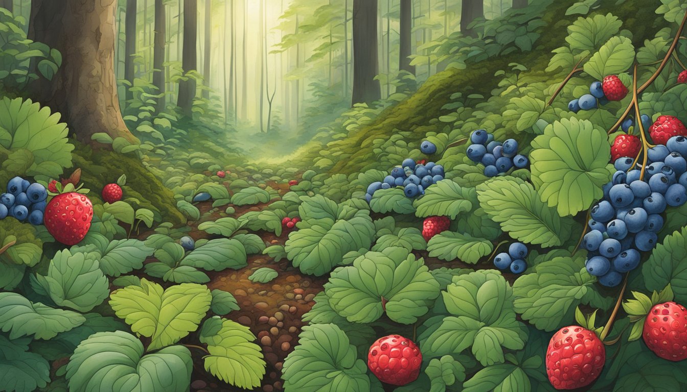 A lush forest floor with vibrant native plants like blueberries, cranberries, and wild strawberries, ready for foraging