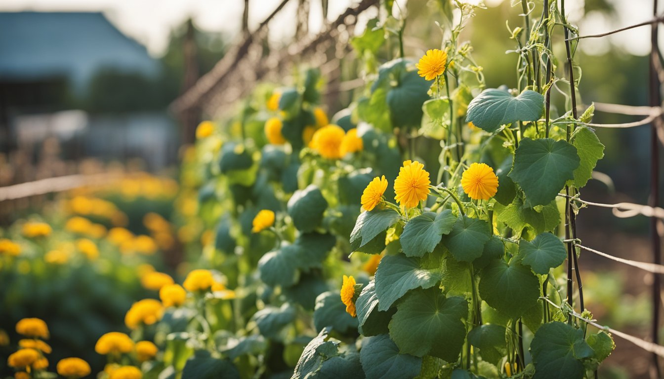 A cucumber plant climbs a trellis, bright vines wrapped around strings, yellow blossoms and tiny cucumbers. Drip irrigation waters the base, marigolds grow in companion pots