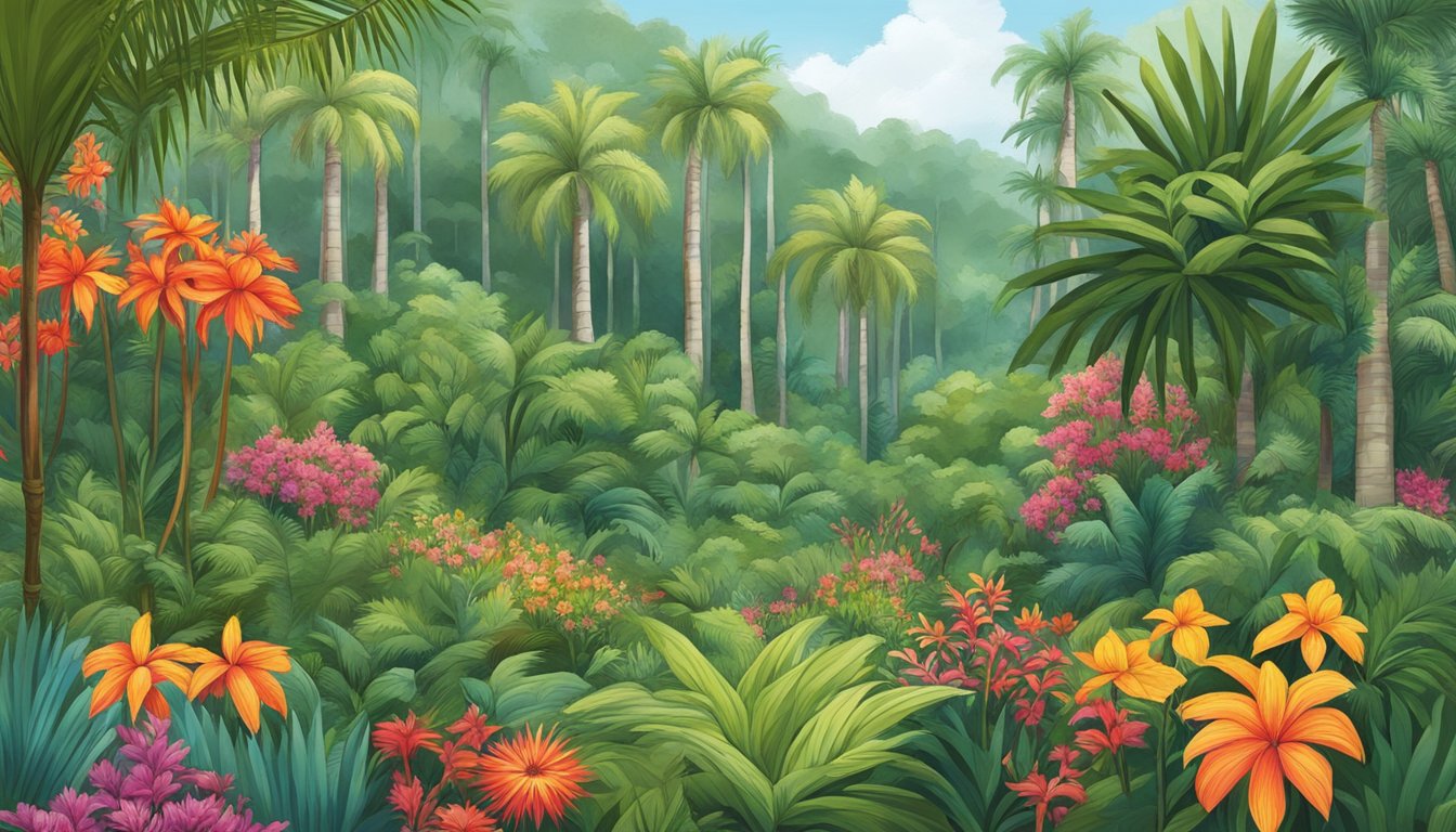 A lush forest with various native plants like yuca, plantain, and achiote, surrounded by vibrant flowers and tall palm trees