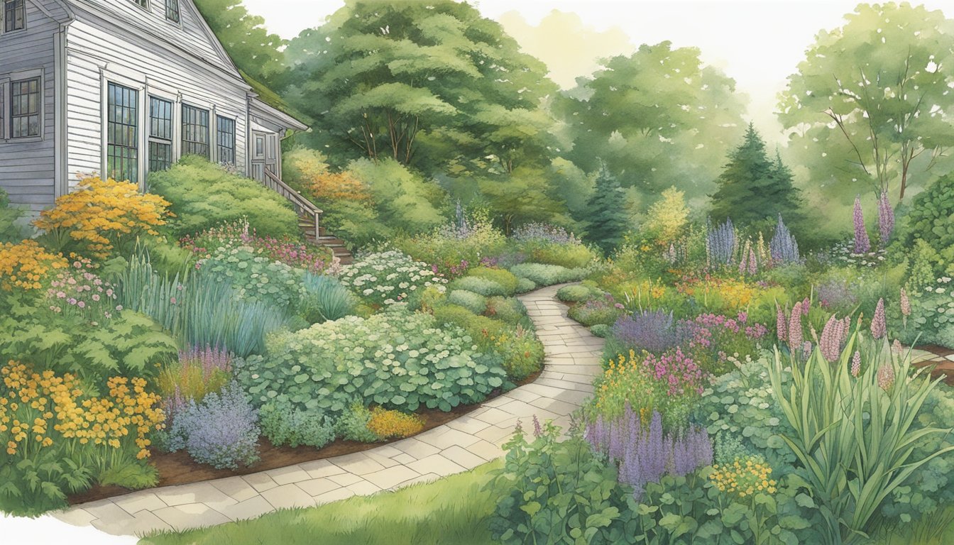 A lush garden bursting with native edible plants, attracting diverse wildlife and promoting ecological balance in Massachusetts