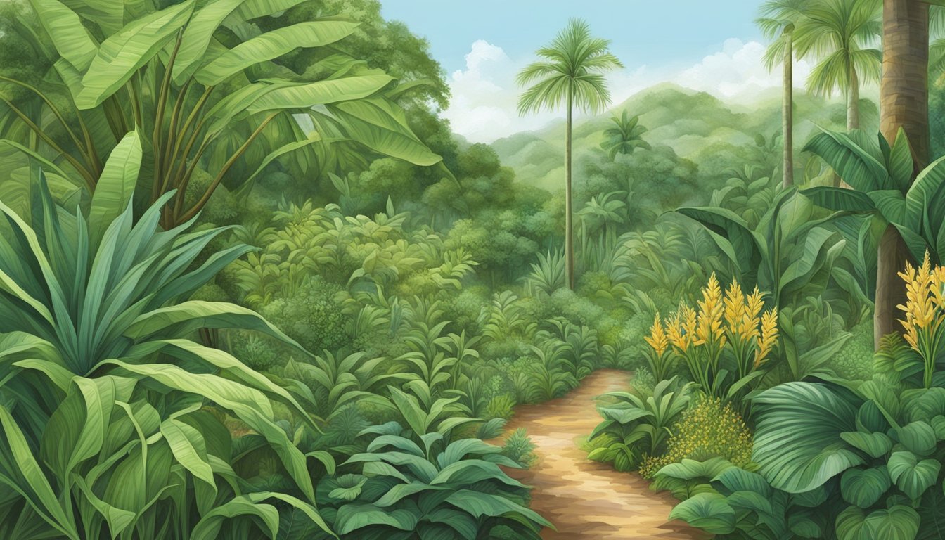 Lush green landscape with various native edible plants of Puerto Rico, such as plantains, yucca, and cassava, thriving in the tropical climate