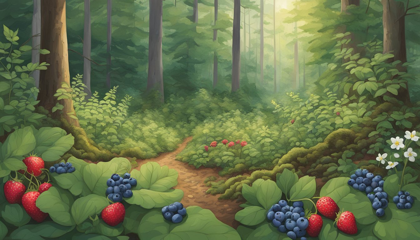 A lush forest floor with various native edible plants in Massachusetts, including blueberries, cranberries, and wild strawberries