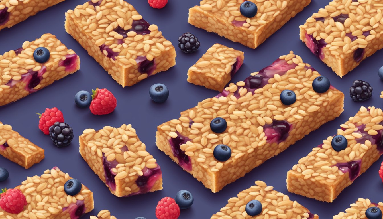 A table with a variety of nutri grain mixed berry bars, surrounded by scattered berries and oats