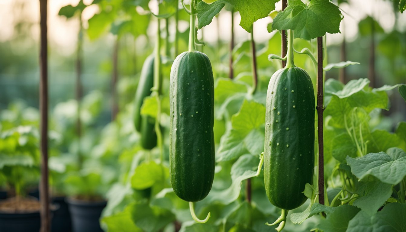 A container-grown cucumber plant in full production, with ripe and developing cucumbers hanging from the trellis. Healthy foliage creates a green curtain effect. A small fan and natural pest deterrent spray bottle are nearby