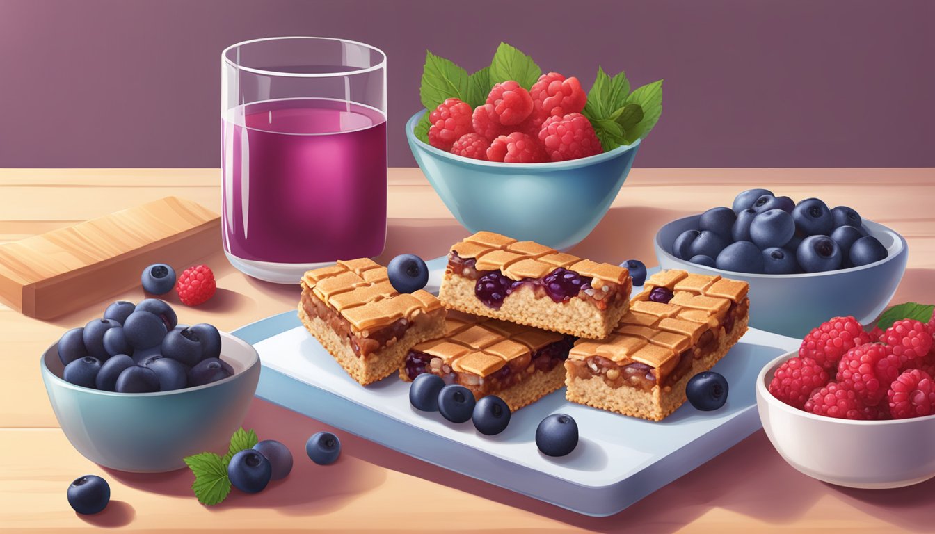 A table with a variety of Nutri Grain mixed berry bars, surrounded by fresh berries and a glass of water