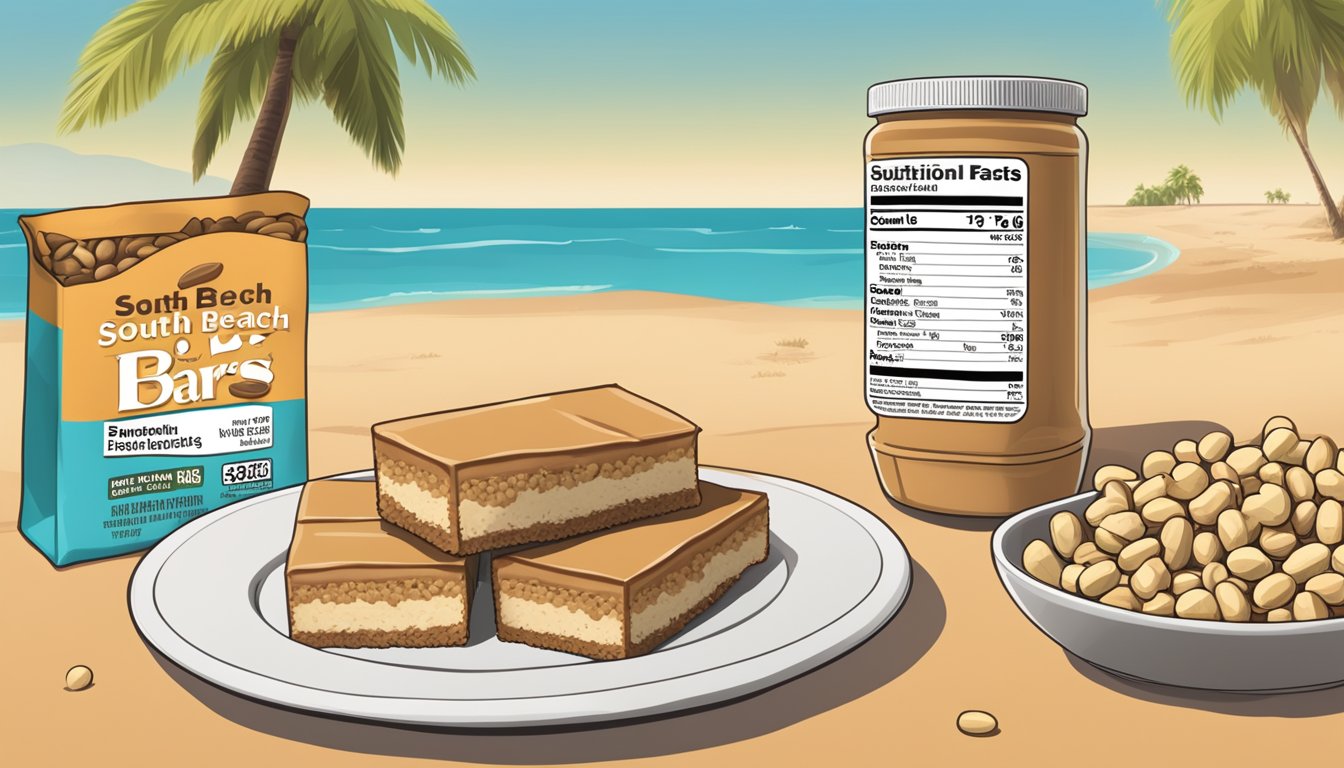 A table with a plate of South Beach peanut butter bars, surrounded by scattered peanuts and a nutritional facts label