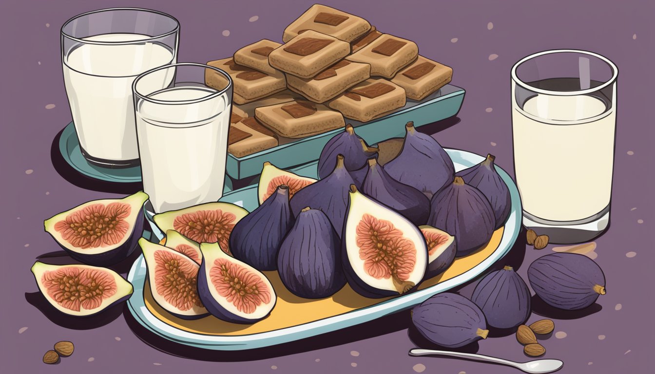 A table with a plate of Trader Joe's fig bars, surrounded by scattered figs and a glass of milk