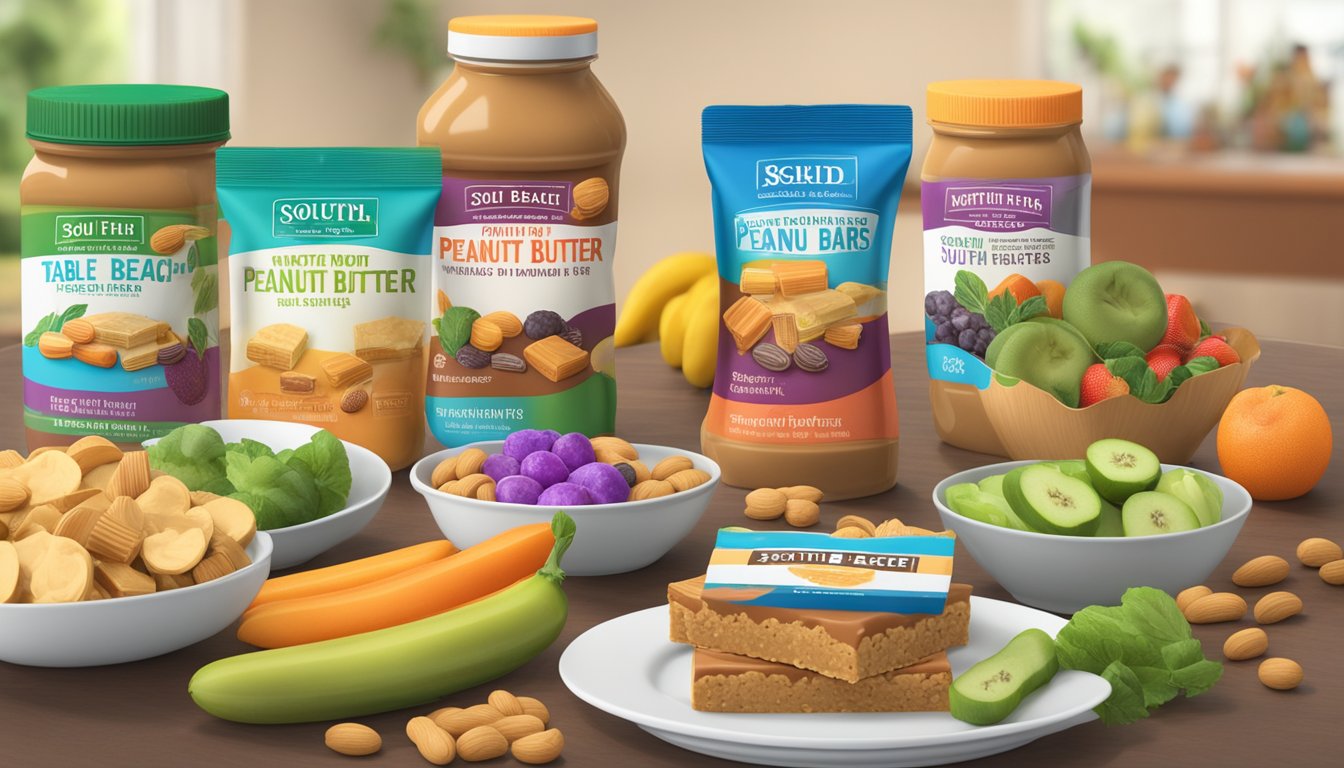 A table with a variety of South Beach peanut butter bars, surrounded by colorful fruits and vegetables, with a nutrition label in the background