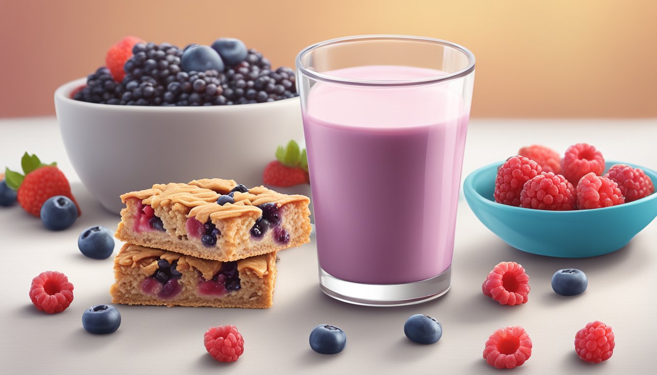 A colorful array of Nutri Grain Mixed Berry bars surrounded by fresh berries and a glass of milk