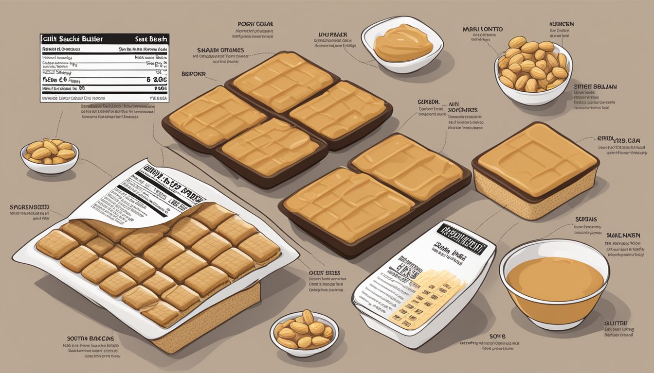 A table with a stack of South Beach peanut butter bars surrounded by scattered nutritional facts labels