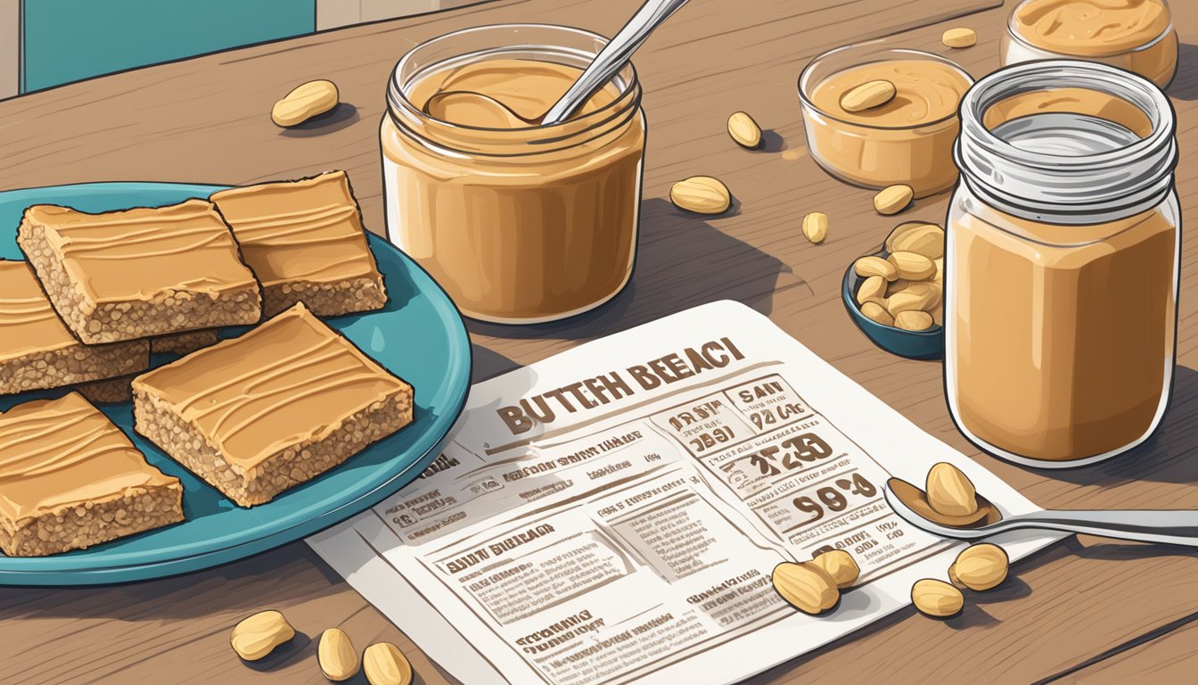 A table with a plate of South Beach peanut butter bars, surrounded by scattered nutritional facts and a jar of peanut butter